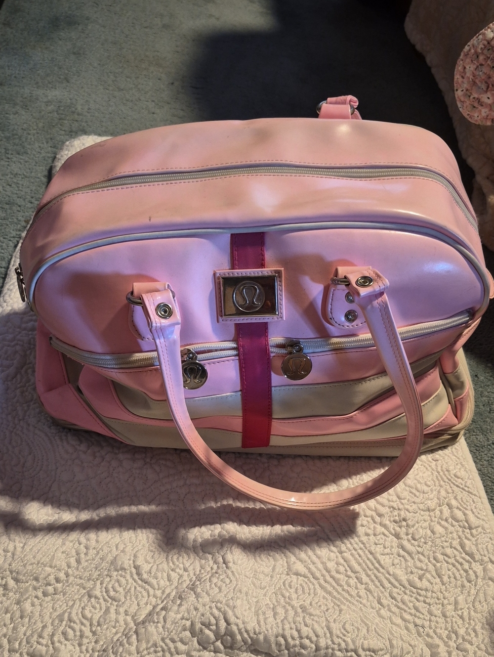 lululemon athletica Pink & Cream Travel Duffel with Dark Pink Accent